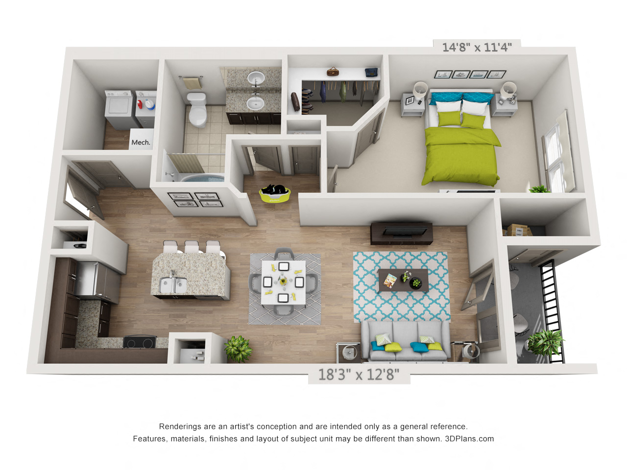 Floor plan for 1 bed, 1 bath, 849 sqft